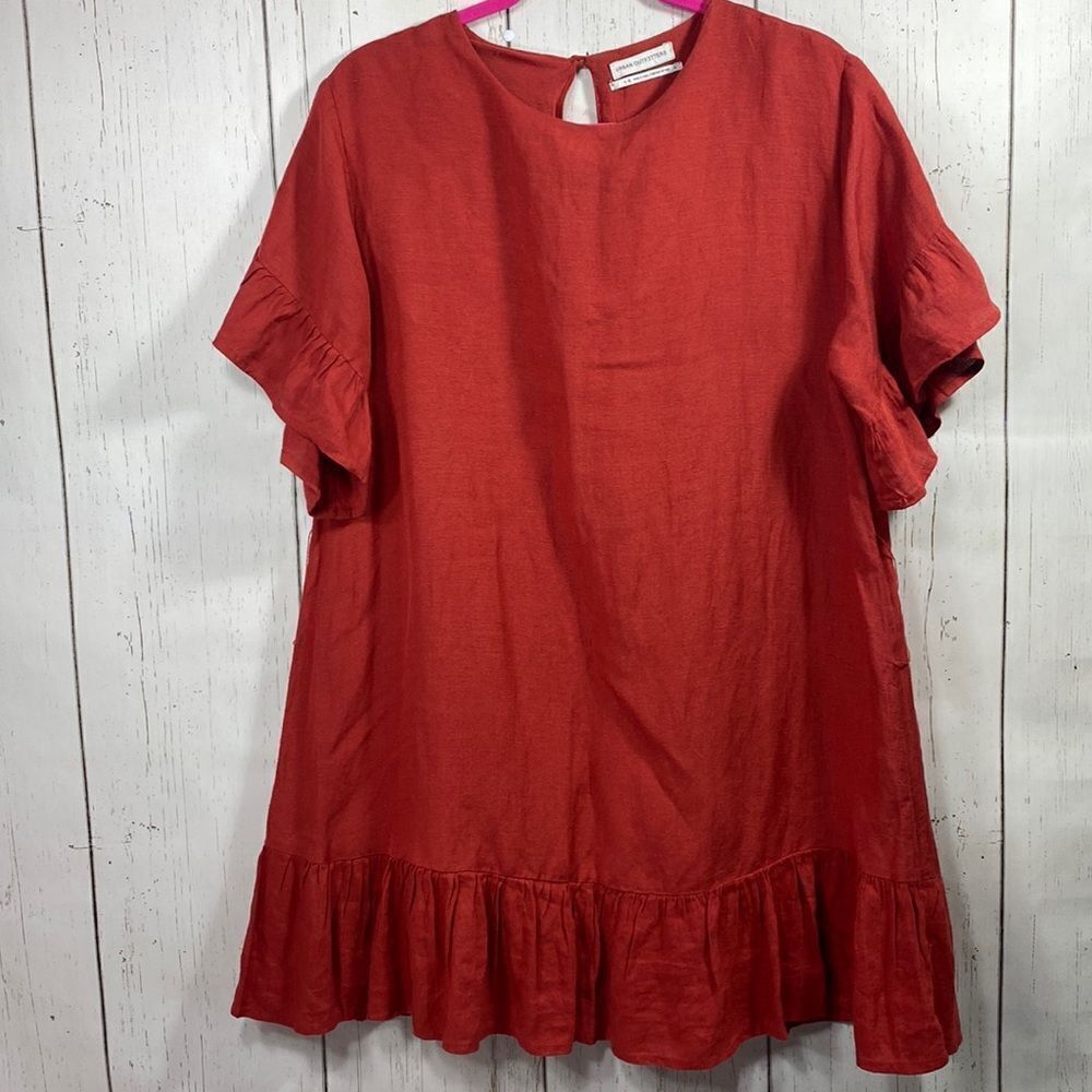Urban Outfitters Red Linen Blend Ruffle Hem Mini Dress Size L Boho Romantic Chic
